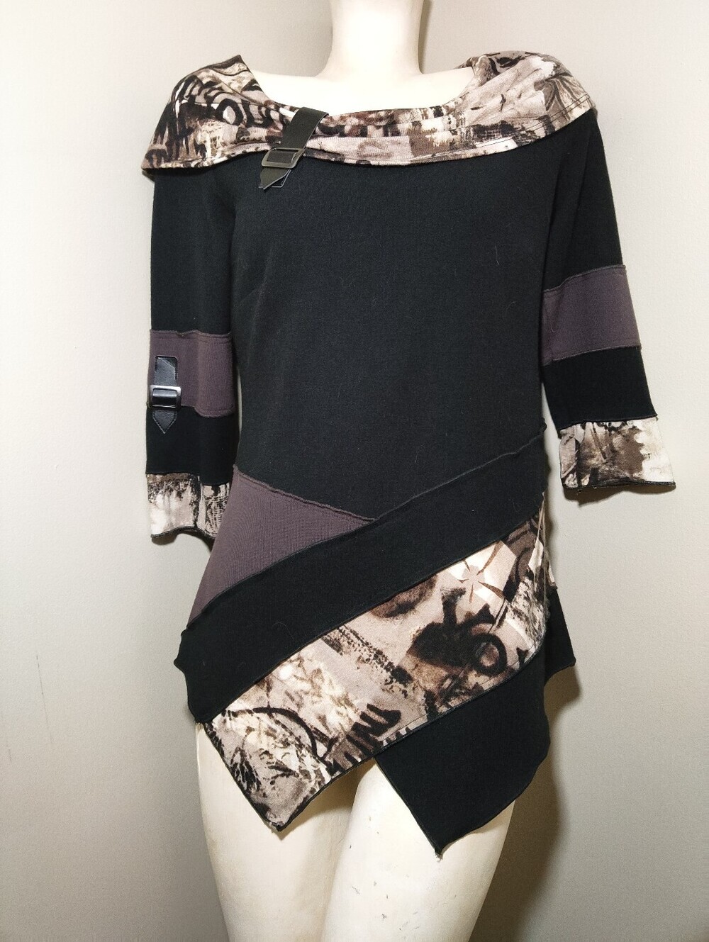 Bali Mixed Media Asymmetrical Tunic Top Black Abstract Faux Leather Trim M - Picture 6 of 12